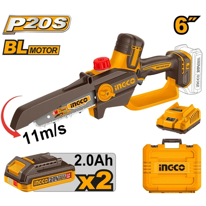 INGCO 20V Cordless Brushless Pruner Saw | 6" Handheld Mini Chainsaw Kit with Auto Lubrication | 11m/s High Speed Wood Cutter | Includes 2 x 2.0Ah Batteries & Fast Charger | CGSLI20662