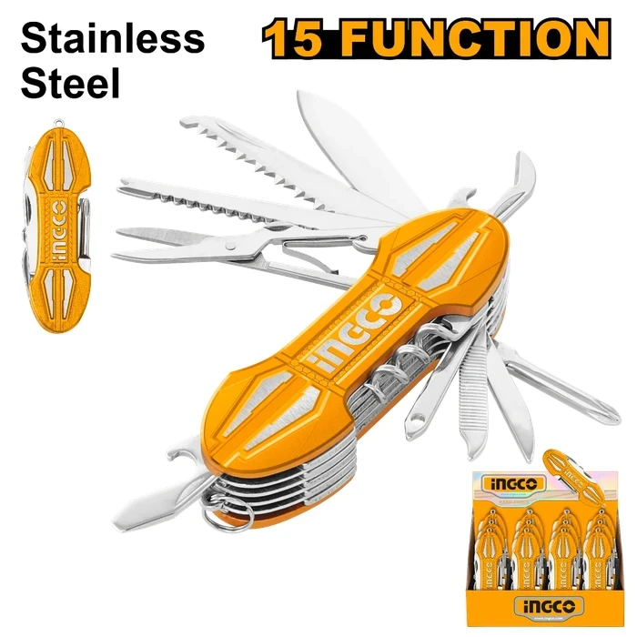 INGCO 15-in-1 Professional Multi-Function Pocket Knife | 9.5cm Ultra-Compact Heavy-Duty Utility Tool with Strong Aluminium Handle & Integrated Screwdrivers, Scissors & Saw | HMFK8158