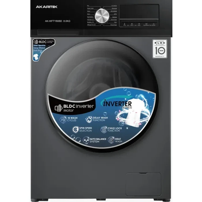 Akaritek 8.0 KG Front Load BLDC Washing Machine | 1400 RPM Diamond Drum Steam Wash | Automatic Dispenser Energy Saving Quiet Washer | AK-WFTY80BD