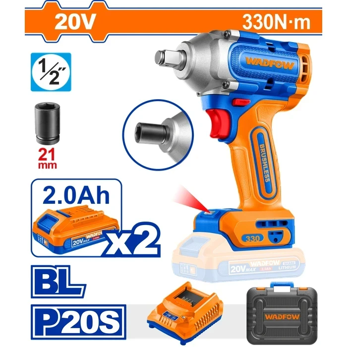 Wadfow 20V Cordless Brushless 1/2" Impact Wrench Kit with 2x 2.0Ah Batteries & Socket | 430Nm Nut-Busting Torque 3-Speed Compact Power Tool | WCD1B33