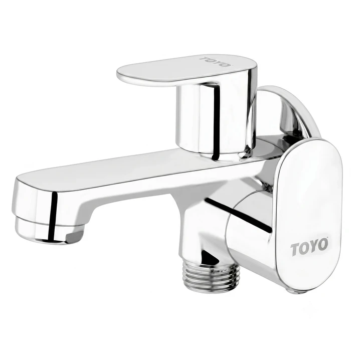 Toyo 2-Way Bib Cock with Double Operating Handles & Matching Wall Flange | Dual Outlet Solid Brass Utility Tap | CO-52103