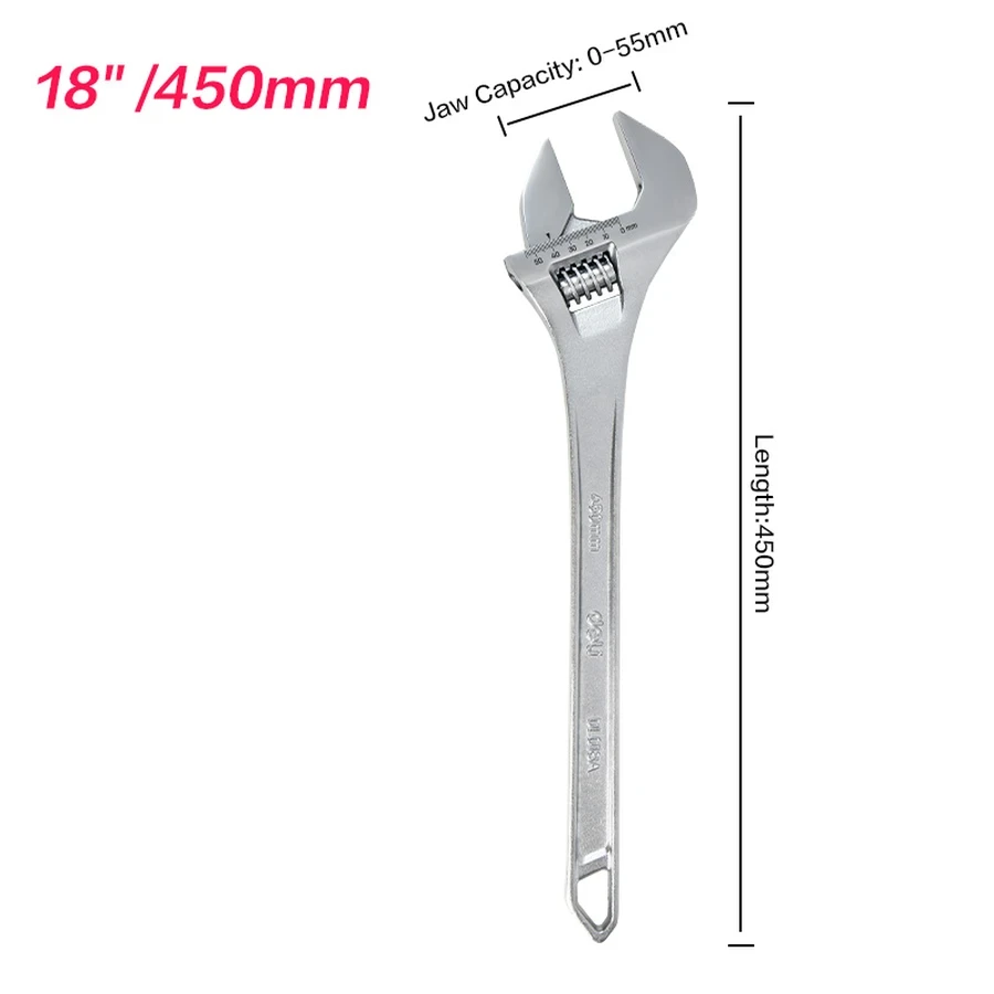 Deli 18" Professional Forged Carbon Steel Adjustable Spanner | Heavy-Duty Chrome-Plated Wrench with Precision Knurl & Laser-Etched Sizing Scale | EDL018A (Silver)