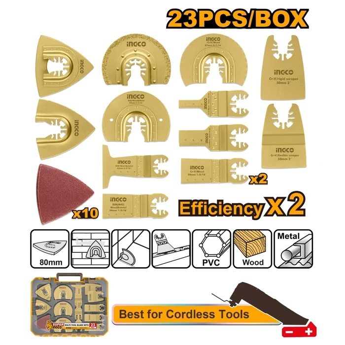 INGCO 23-Piece Universal Oscillating Multi-Tool Blade & Sanding Sheet Accessory Set | Premium M42 Bi-Metal & Cr-V Saws, Carbide Grout Rasps and Rigid/Flexible Scrapers | AKTMT2301
