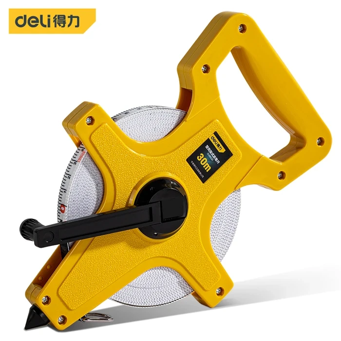 Deli Tools 30m Fiberglass Measuring Tape | Non-Conductive Stretch-Resistant 12.5mm Blade with Stand-Type Yellow Case | Dual Scale | DL98030
