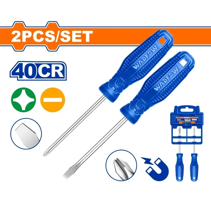 Wadfow 2-Piece Professional Screwdriver Set | Heavy-Duty 40Cr Steel Round Shank Mechanics Tool Kit with Slotted SL6.5 & Phillips PH2 Magnetic Tips | WSS2302