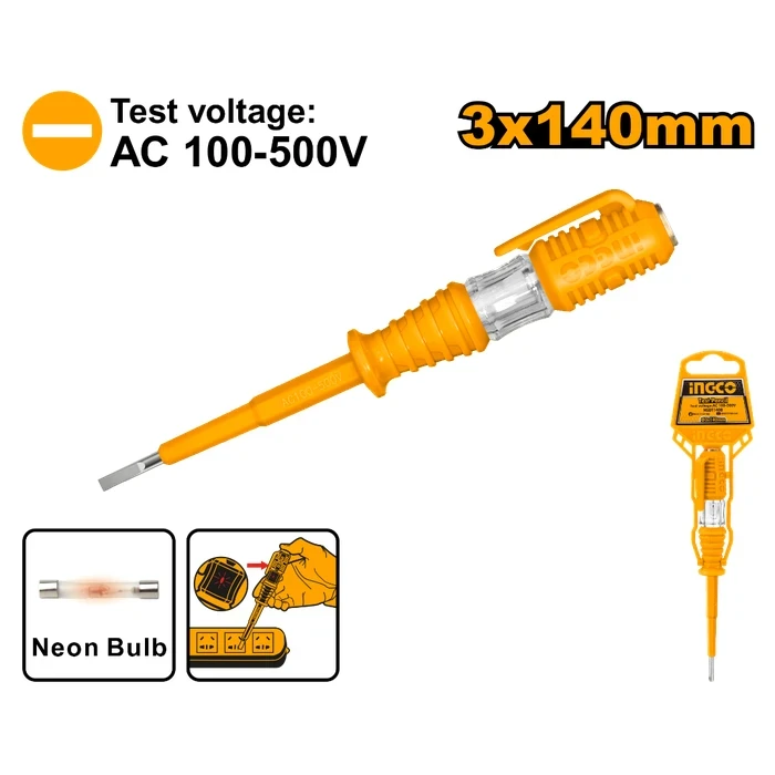 INGCO 140mm Professional AC Voltage Test Pencil | 100V-500V Contact Neon Circuit Indicator with 3mm Slotted Screwdriver Tip & Shatter-Resistant Insulated Body | HSDT1408