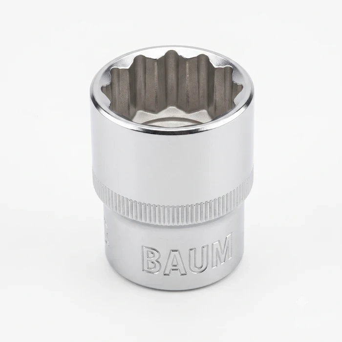 Baum 1/2" Drive Metric Chrome Vanadium Steel Matte Double Chrome Plated 12-Point Bi-Hex Shallow Hand Tool Wrench Socket Art-214