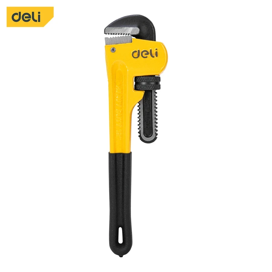 Deli 12" Professional Ductile Cast Iron Industrial Pipe Wrench | Heavy-Duty High-Hardness Plumbing Wrench with Precision Worm Gear & Anti-Slip Grip | EDL2512 (Yellow/Black)