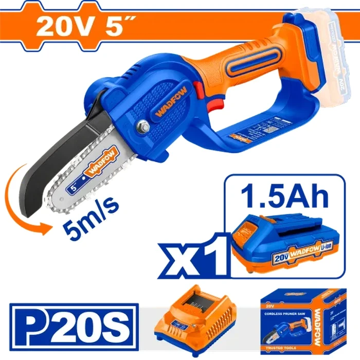 Wadfow 20V Lithium-Ion Professional Cordless Pruner Saw | 5" (13cm) Compact Handheld Mini Chainsaw with 5m/s Chain Speed, 1.5Ah Battery & Quick Charger Kit | WCLP552