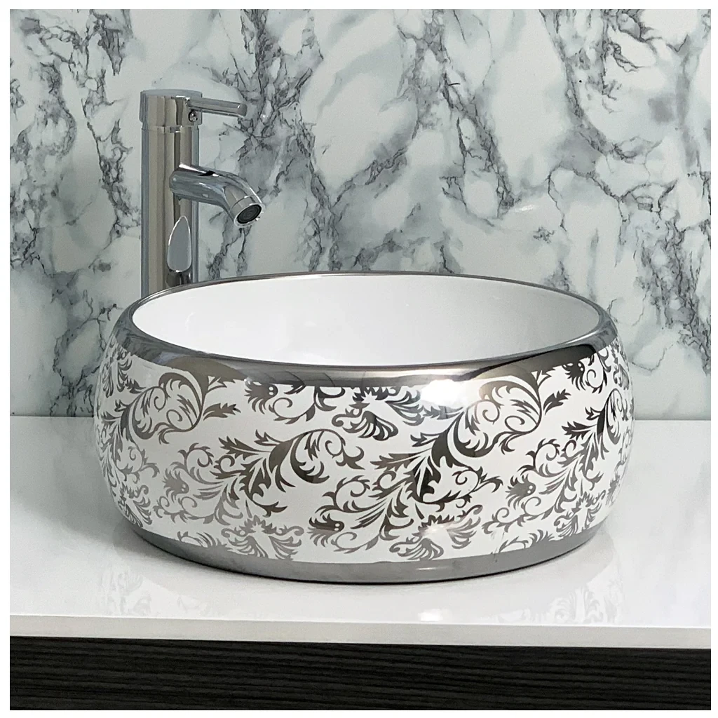 Toyo Snow-237 Ceramic Countertop Art Basin 16"x16" | Luxury White & Silver Premium Finish | Stain Resistant Easy to Clean Bathroom Wash Basin | 410x410x170mm
