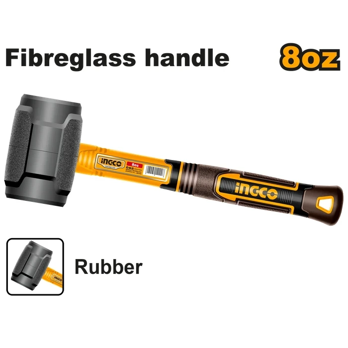 INGCO 8oz / 220g Professional Rubber Mallet Hammer | Non-Marring Plastic Faces & Non-Sparking Safety Rubber Hammerhead with Unique Design Fiberglass Handle | HRUH8808