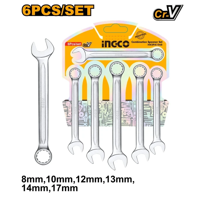 INGCO 6-Piece Professional Combination Spanner Set | Heavy-Duty Forged CR-V Steel Metric Wrenches 8-17mm with 12-Point Box Heads & Fine Polished Satin Finish | HKSPA1068