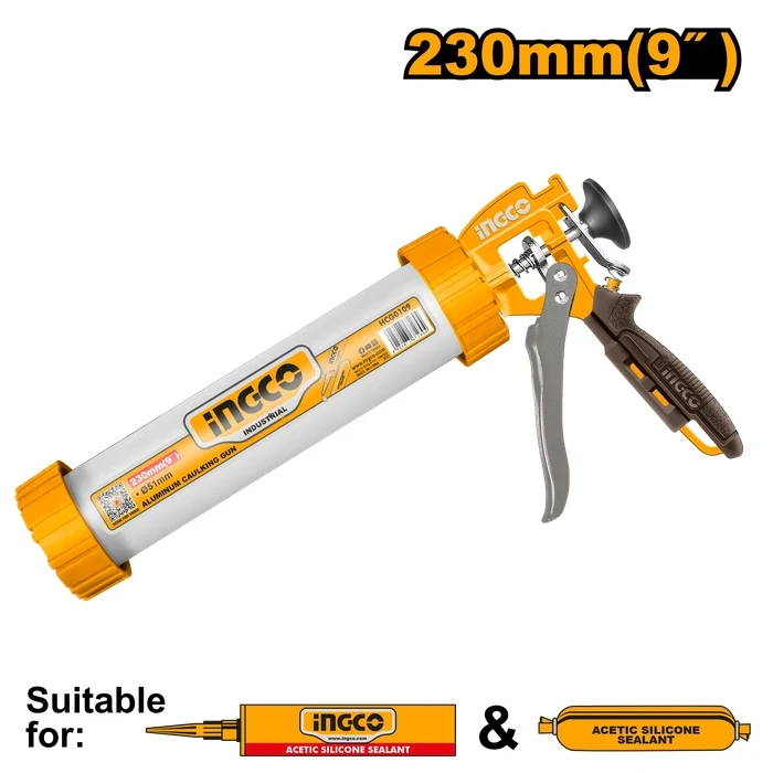 INGCO 9" Professional Aluminum Caulking Gun | Heavy-Duty 230mm Length & 51mm Diameter Smooth-Rod Sealant Dispenser with 1pcs Plastic Adaptor | HCG0109