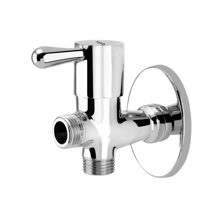 Toyo Premium 2-Way Brass Angle Valve | Top-Quality Leak-Free Cartridge Control Dual Outlet Stop Cock | Rust-Resistant Chrome Finish with Single Brass Handle & Wall Flange | TOYO-BE-51605-1
