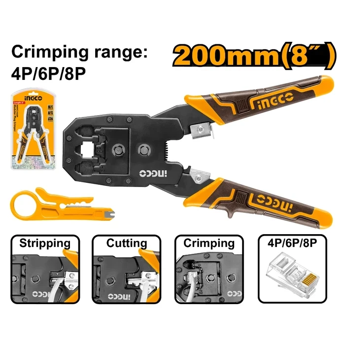 INGCO 8” Professional 3-in-1 Modular Plug Crimper | Heavy-Duty Network & Telephone Line Termination Tool with 4P/6P/8P Range, Stripper, Cutter & Unique PVC Handle | HMPC1468P