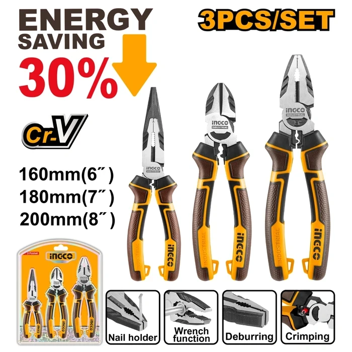 INGCO 3 Pcs High Leverage Pliers Set | 30% Energy Saving 8" Combination, 7" Diagonal & 6" Long Nose Cr-V Pliers | Multi-Functional Kit with Crimping, Spanner & Deburring | HKHLPS2831