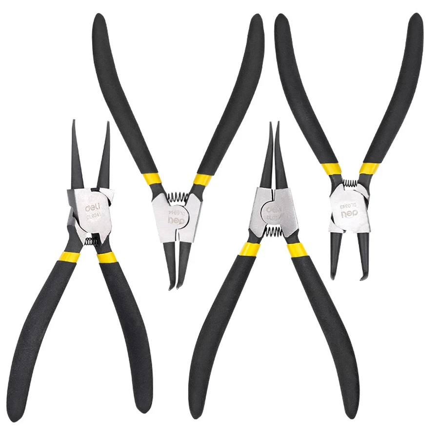 Deli 7" Professional 4-Piece Circlip Pliers Set | Drop-Forged 40Cr Steel Internal & External Snap Ring Pliers with Anti-Slip Grips | EDL104407 (Yellow/Black)
