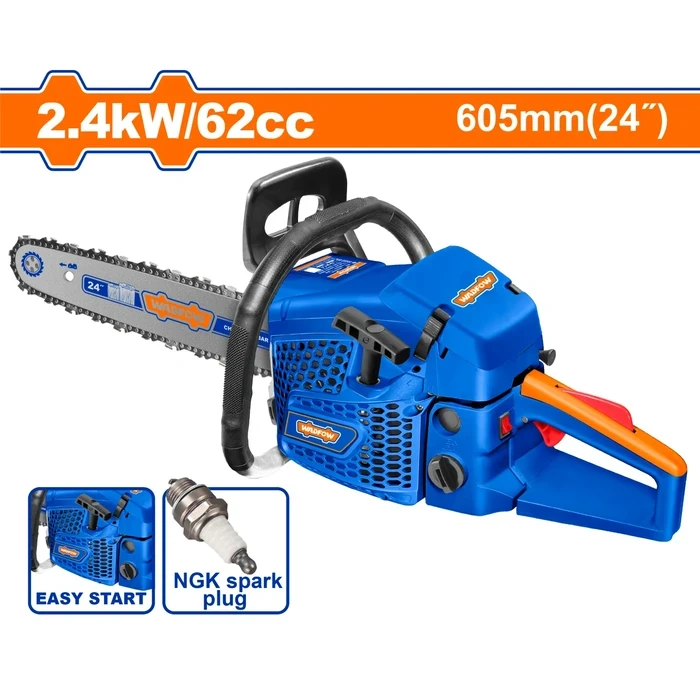 Wadfow 62cc 2.4kW Professional Gasoline Chain Saw | 24" (605mm) Heavy-Duty 2-Stroke Petrol Timber Cutter with 3/8" Chain Pitch & Complete Maintenance Tool Kit | WGC1562