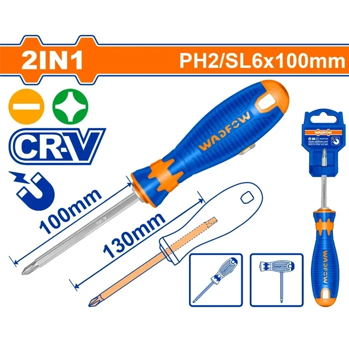 Wadfow 2-in-1 Professional Convertible T-Handle Screwdriver Set | Heavy-Duty CR-V Hex Shank Double-Ended Bit with PH2 & SL6.5 Profiles & 130mm Length | WSS45M3