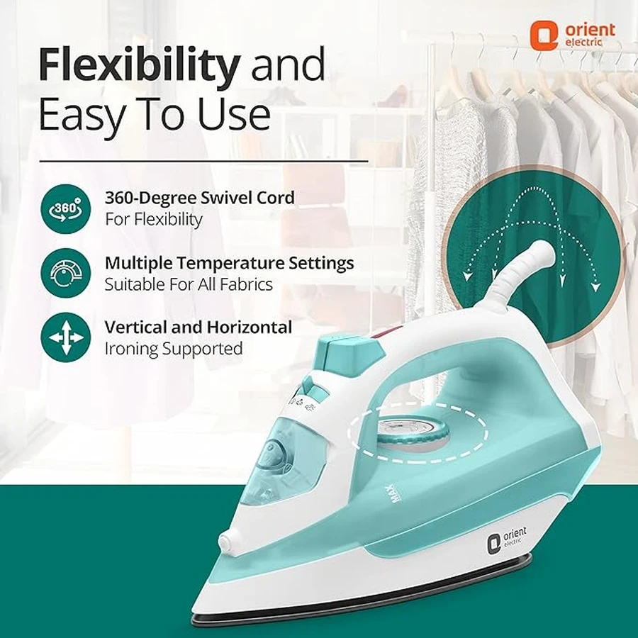 Orient Fabrifeel 2000W High-Performance Steam Iron | Non-Stick Soleplate Garment Press with High Continuous Steam Output & Fast Heat-Up (White & Green)