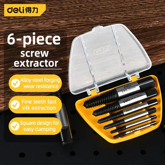 Deli 6-Piece Professional Alloy Steel Screw Extractor Set | Heavy-Duty Heat-Treated Damaged Bolt & Stripped Stud Broken Fastener Removal Kit | EDL0026