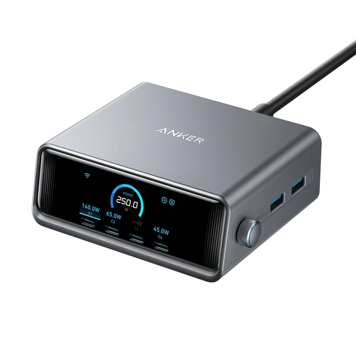 Anker Prime 250W GaN 6-Port Desktop Fast Charger (4x USB-C, 2x USB-A) | 140W Max Port, 2.26" Smart LCD Display & Control Dial | US Silver