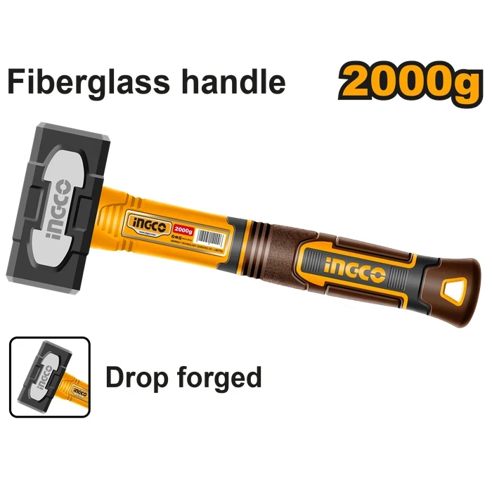 INGCO 2000g Professional Stoning Hammer | Heavy-Duty Drop-Forged Heat-Treated 45# Carbon Steel Sledge Masonry Tool with High-Strength 3-Color Fiberglass Handle | HSTH82000