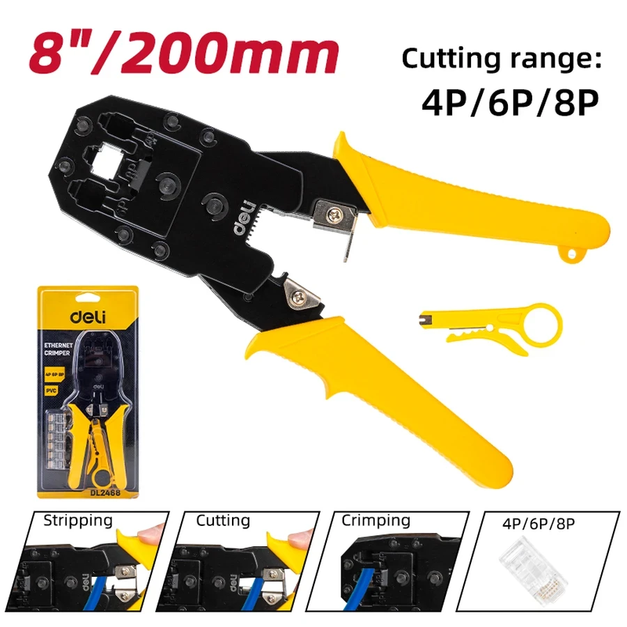 Deli Professional Ethernet Crimper 4/6/8P Multi-Function Tool for Cutting, Stripping & Crimping RJ45/RJ11 Connectors with Cold-Rolled Steel & PVC Grip (Yellow) | EDL2468