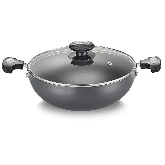 Prestige Hard Anodized 3.2L Induction Base Deep Kadai | 240mm Scratch-Resistant Body with Tempered Glass Lid | Model 36864