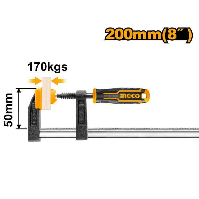 INGCO 50mm x 200mm F Clamp with Ergonomic Plastic Handle | Heavy-Duty 170KGS Max Force Woodworking Guide Bar Clamp with 11mm Screw Thread & 5mm x 15mm Iron Ruler Rail | HFC020502