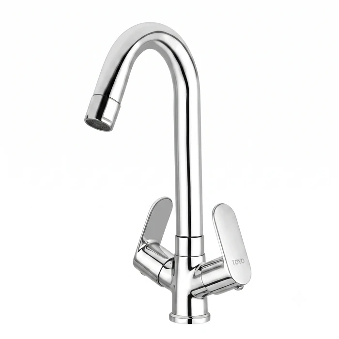 Toyo Centre Hole Sink Mixer with Regular Swinging Spout & 600 mm Braided Hoses | Solid Brass Table-Mounted Deck Kitchen Faucet | CO-52121