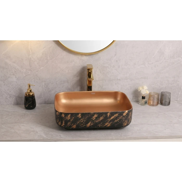 Toyo Magno-486 Ceramic Countertop Art Basin 15.5"x20" | Black & Bronze Hand Crafted Premium Finish | Stain Resistant Easy to Clean Bathroom Wash Basin | 500x390x140mm