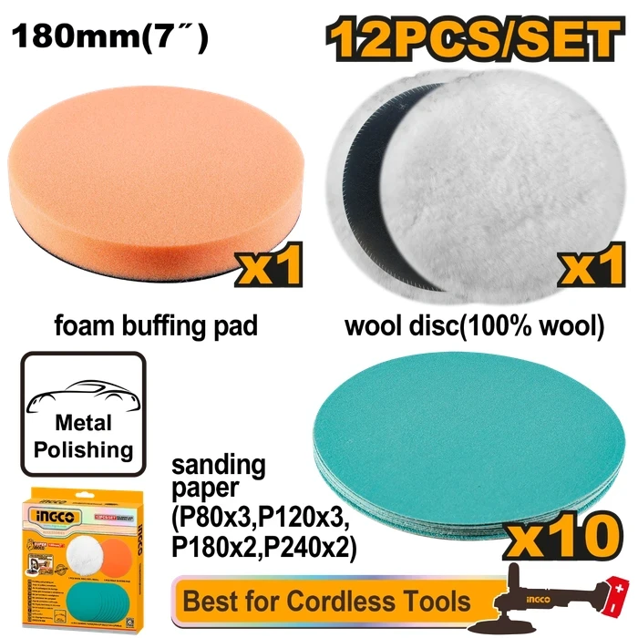 INGCO 12-Piece 7" (180mm) Polishing and Grinding Disc Set | 100% Wool Pad & Foam Buffing Disc with 10-Pack Multi-Grit Sanding Paper for P20S Cordless Polishers | APG18012