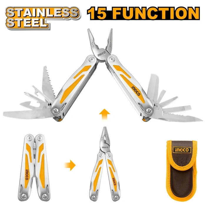 INGCO 15-in-1 Foldable Multi-Function Pocket Tool | Heavy-Duty Stainless Steel Pliers, Saw, Knives & Screwdrivers with Non-Slip Rubber Grip & Nylon Pouch | HFMFT0115