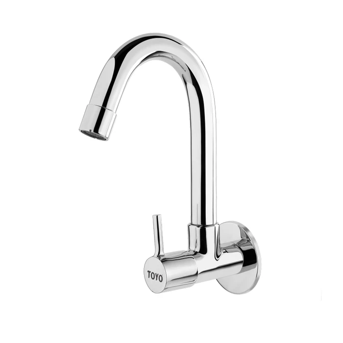 TOYO-EC-51725 Premium Wall Mounted Kitchen Sink Cock | Solid Brass Faucet with Regular 360-Degree Swinging Spout, Operating Handle, and Decorative Wall Flange