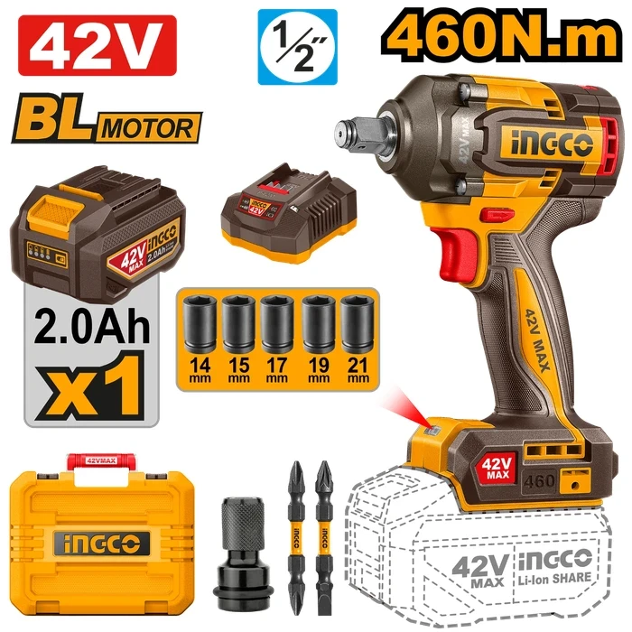 INGCO 42V Cordless Brushless 1/2" Impact Wrench | 600Nm High Nut-Busting Torque Runner with 3-Speed Selector, 2.0Ah Battery, Charger, 5-Piece Socket Set & Hex Adapter | CIWLI42461
