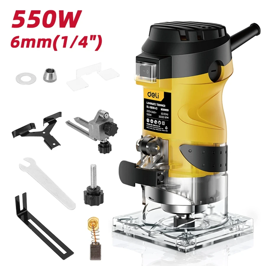 Deli 1600W 1/2" (12mm) Professional Electric Plunge Wood Router (23,000 RPM) | Heavy-Duty Precision Depth Control with Transparent Dust Cover (Yellow) | EDL-MX12-E1