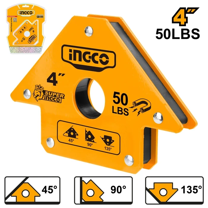 INGCO 4" Magnetic Welding Holder | 50 Lbs Heavy-Duty Pull Force & 45°, 90° & 135° Multi-Angle Arrow Fabricator Jig | AMWH50041
