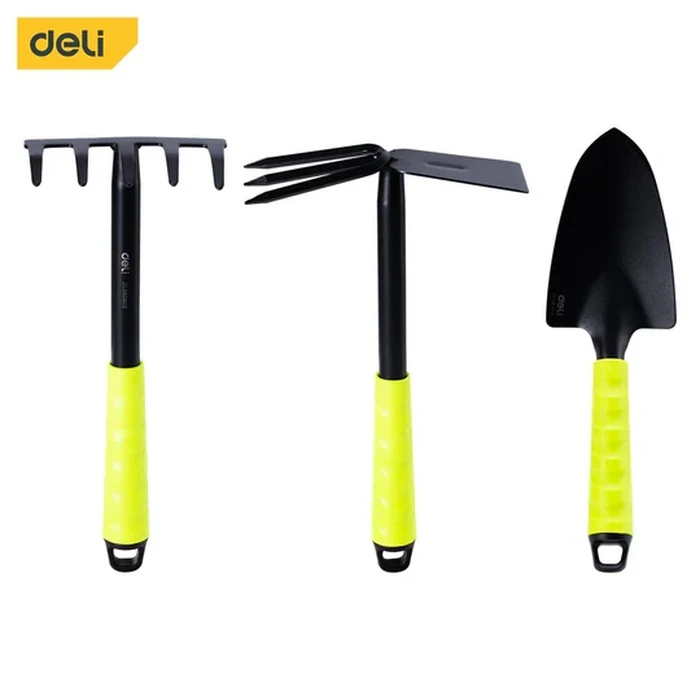 Deli 3-Piece Professional Gardening Tool Set | Heat-Treated Carbon Steel Hoe, Wide Shovel Spade & 3-Prong Rake Kit with 310mm Ergonomic Comfort Handles | EDL580803