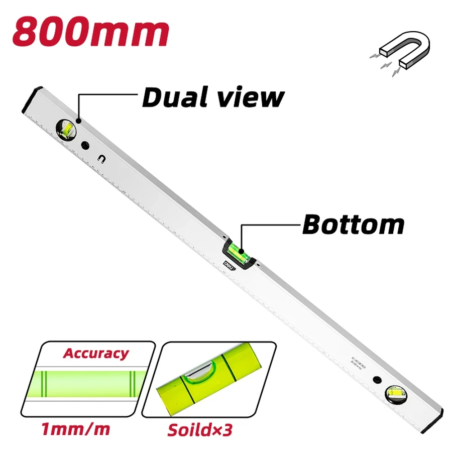 Deli 800mm (32") Professional Magnetic Aluminum Spirit Level | Heavy-Duty 1mm/m High-Precision Leveling Bar with CNC Vials & Shock-Absorbing Rubber Caps | EDL700800B