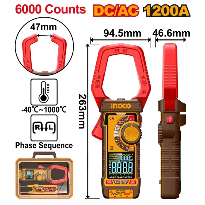 INGCO 1200A True RMS AC/DC Digital Clamp Meter | 1000V Voltage VA Colour Display Screen Professional Diagnostic Multimeter | LPF VFD Inrush Current & Phase Tester | DCM610002