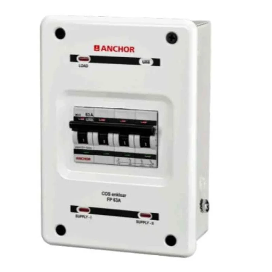 Anchor 98087ENK 40A DP UNO Changeover Switch with Enclosure - Double Pole, 40 Amps Manual Power Transfer, Single-Phase Generator and Main Supply Selector (White)