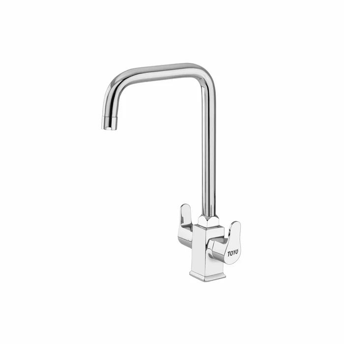 TOYO-EM-51222 Premium Table Mounted Centre Hole Sink Mixer | Solid Brass Dual-Handle Kitchen Faucet with Long Extended Swinging Spout and 600mm Braided Connecting Hoses