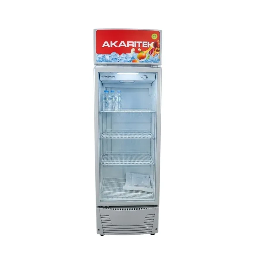 Akaritek 250L Single Glass Door Visi Cooler Display Showcase | R600a Eco Compressor Cooling System | LED Illuminated Silver Grey Beverage Chiller | AK-SC250A