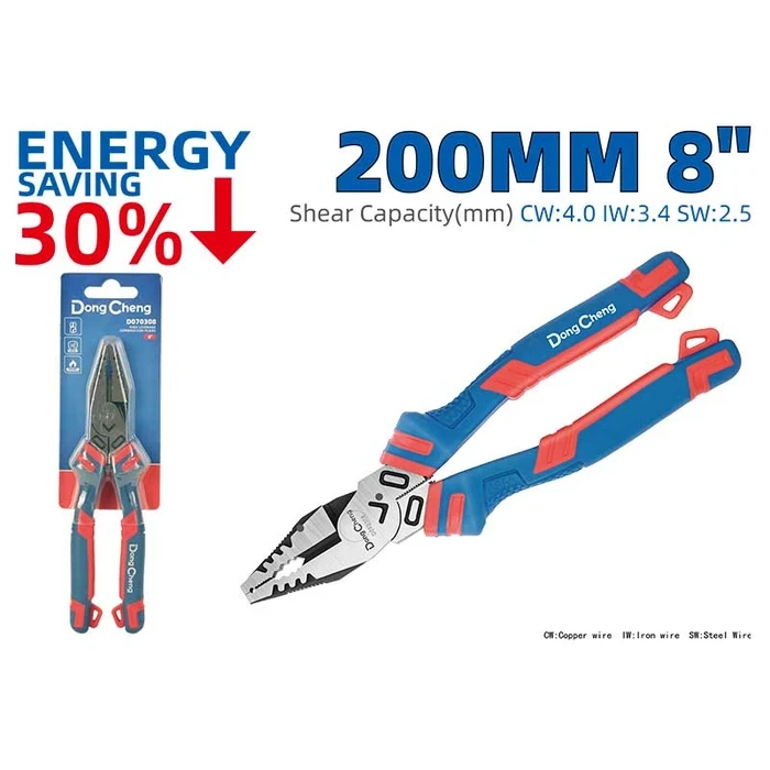 Dongcheng DG 8" (200mm) Heavy-Duty High-Leverage Combination Plier | 30% Force-Saving Pivot with Induction-Hardened Jaws & Two-Color TPR Handles | DG Series