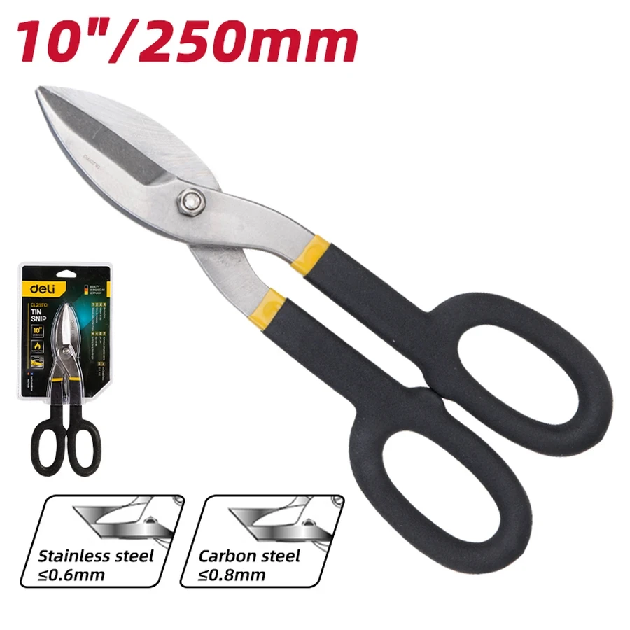 Deli 10" Professional Drop-Forged 55# Carbon Steel Tin Snips | Heavy-Duty Straight Cut Sheet Metal Shears with Double-Dipped Anti-Slip Handles | EDL25910 (Yellow)