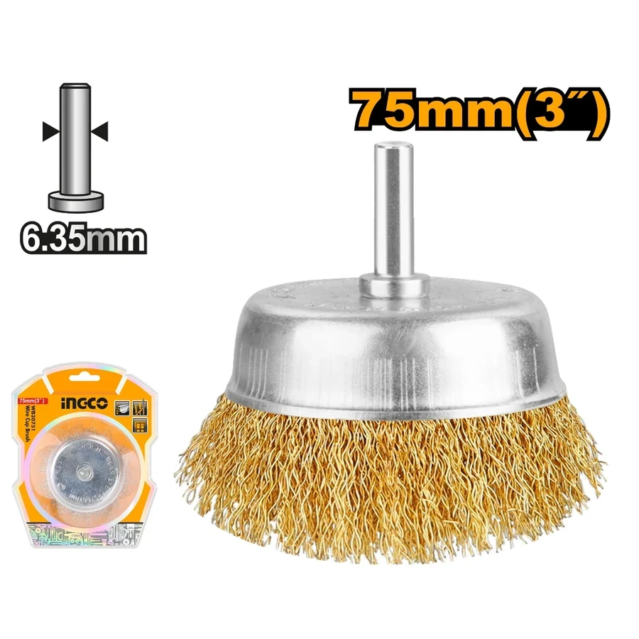 Shank-Mounted Wire Cup Brush | 75mm (3") Crimped Steel Wire with 1/4" Hex Shank for Power Drills | WB30751