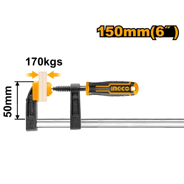 INGCO 50mm x 150mm F Clamp with Ergonomic Plastic Handle | Heavy-Duty 170KGS Max Force Woodworking Guide Bar Clamp with 11mm Screw Thread & 5mm x 15mm Iron Ruler Rail | HFC020501