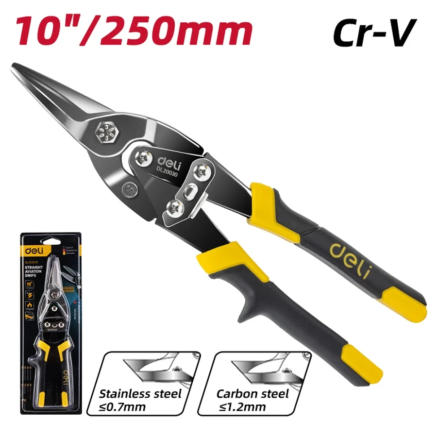 Deli 250mm (10") Professional Cr-V Aviation Snips | Heavy-Duty Compound Leverage Sheet Metal Shears with Serrated Jaws & Safety Latch | EDL20030 (Yellow)