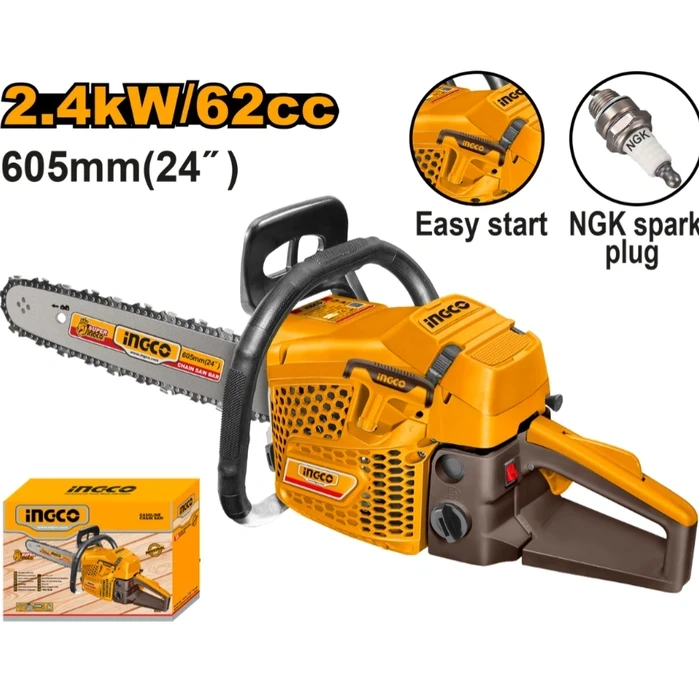 INGCO 62cc 2.4kW Gasoline Chain Saw | 24" Heavy-Duty 2-Stroke Timber Logging Saw with 605mm Max Cutting Diameter, AGSC52401 Chain & AGSB52401 Guide Bar | GCS5602411